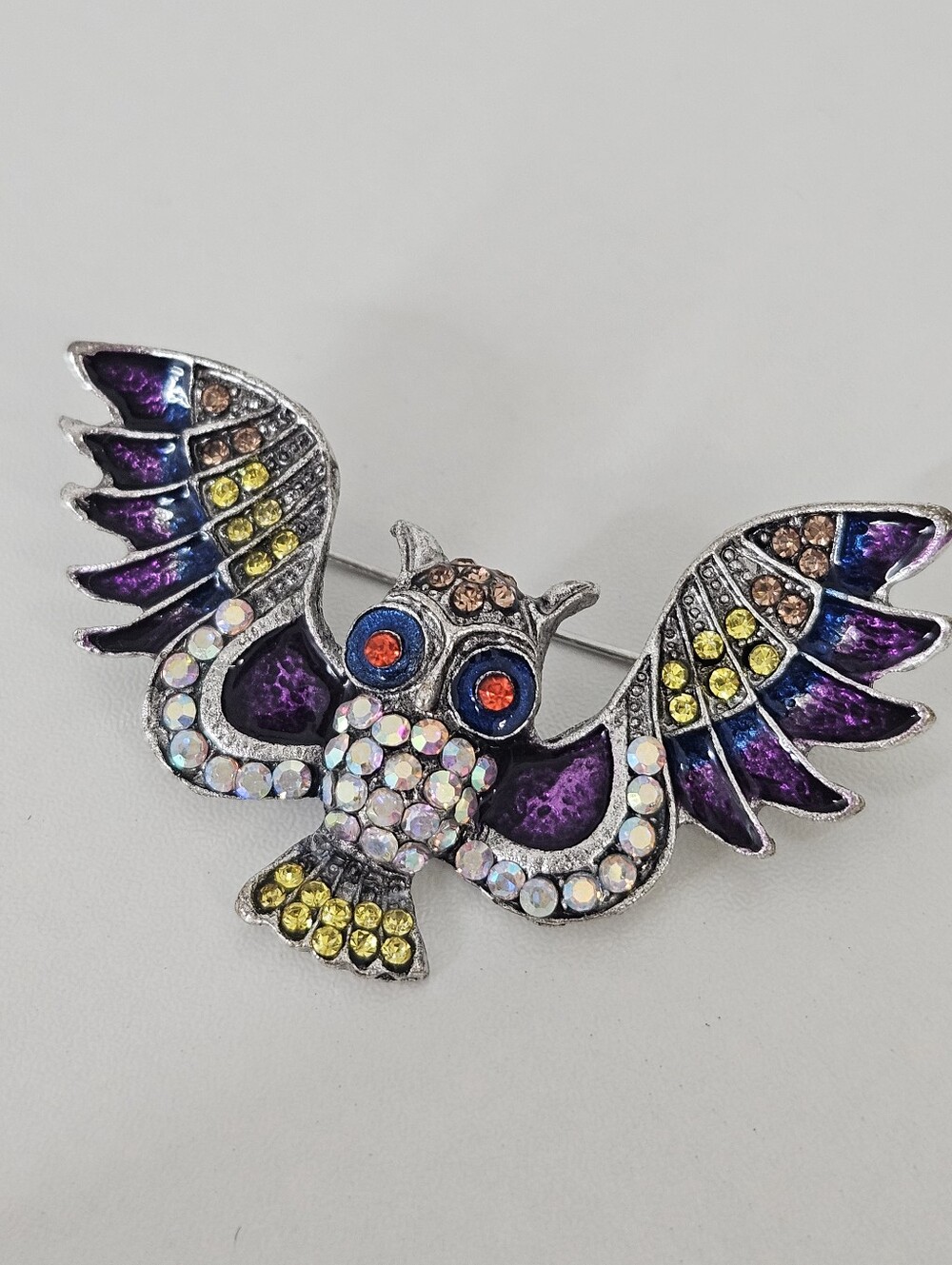 Wise Owl Colorful Rhinestone Enamel Silver Tone Brooch Pin